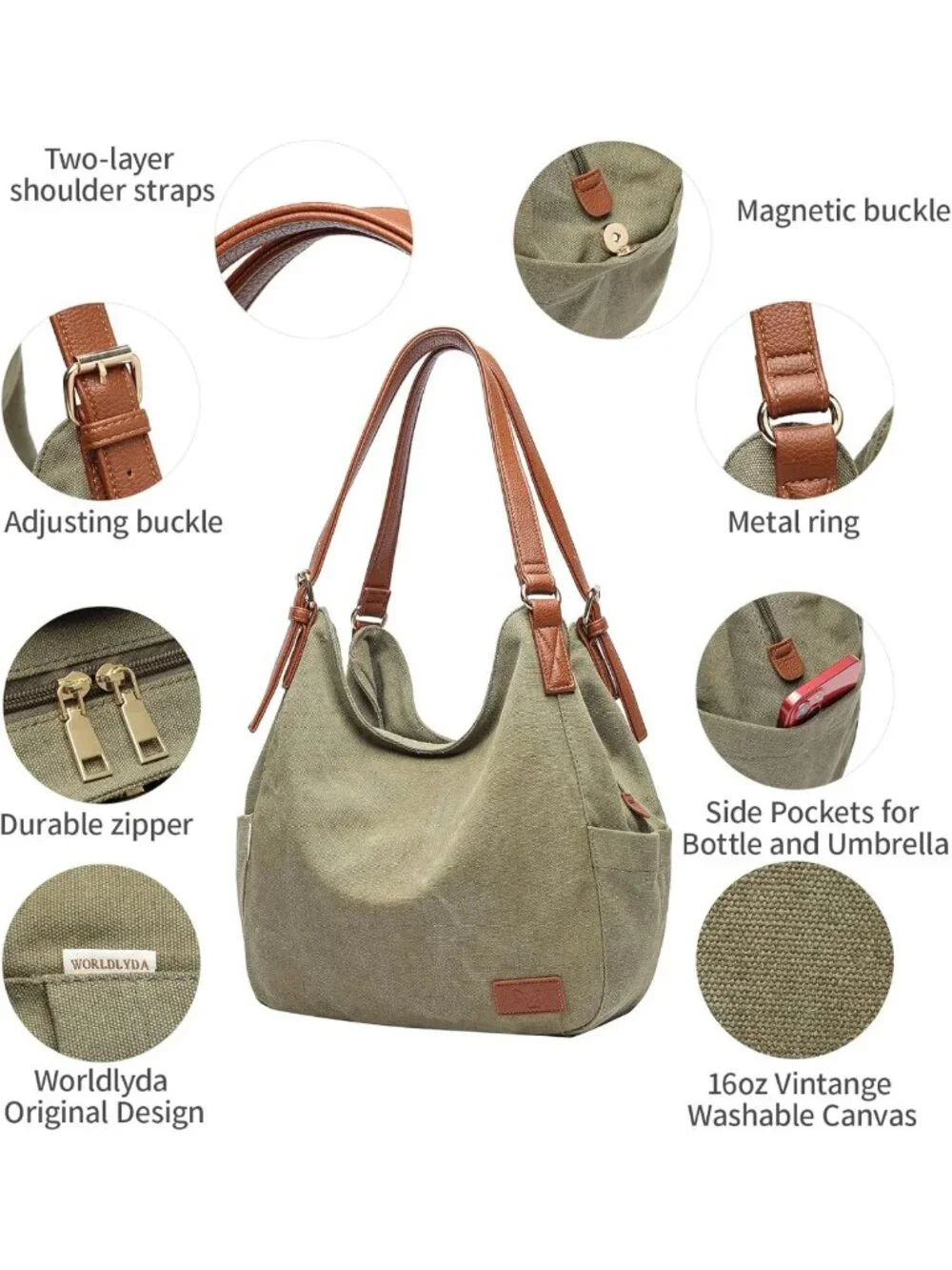 Stylish Multi-Pocket Canvas Hobo Tote Bag - Casual Embroidered Shoulder Handbag